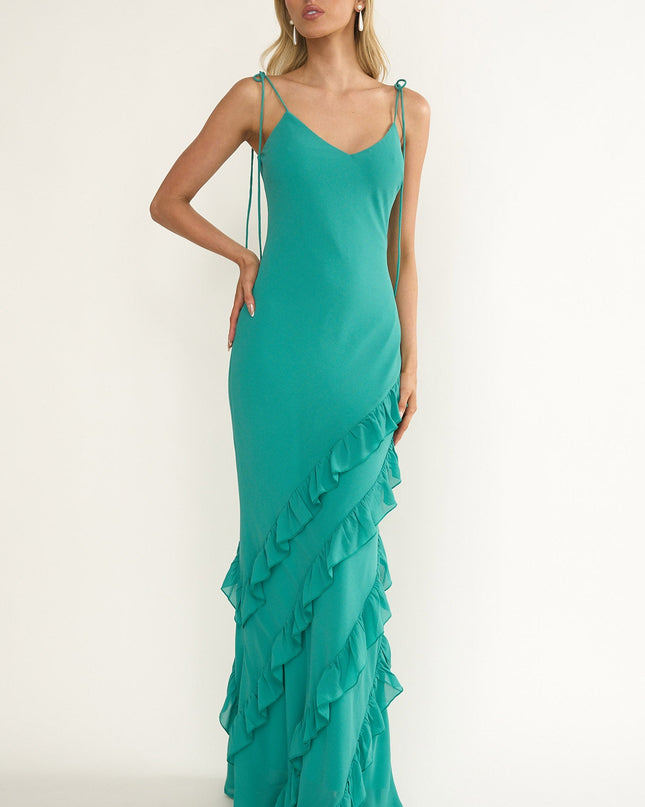Turquoise Ruffle Trim Maxi Dress
