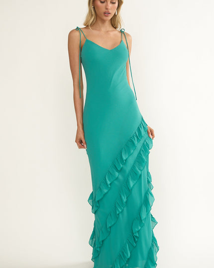 Turquoise Ruffle Trim Maxi Dress