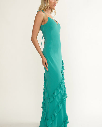 Turquoise Ruffle Trim Maxi Dress