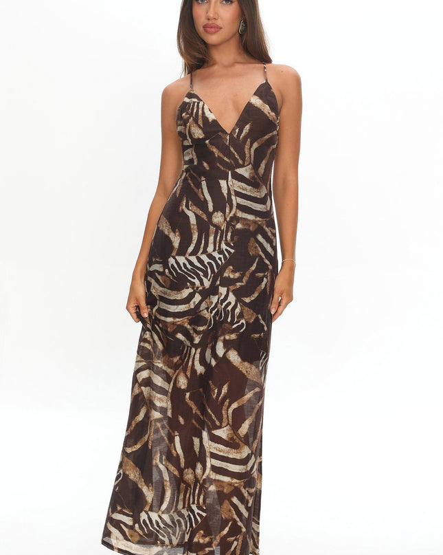 Chocolate Bead Back Maxi Dress Print