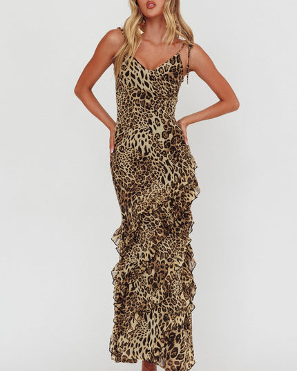 Leopard Ruffle Trim Maxi Dress