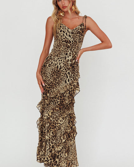 Leopard Ruffle Trim Maxi Dress
