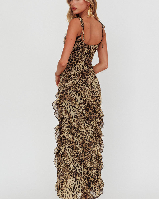 Leopard Ruffle Trim Maxi Dress