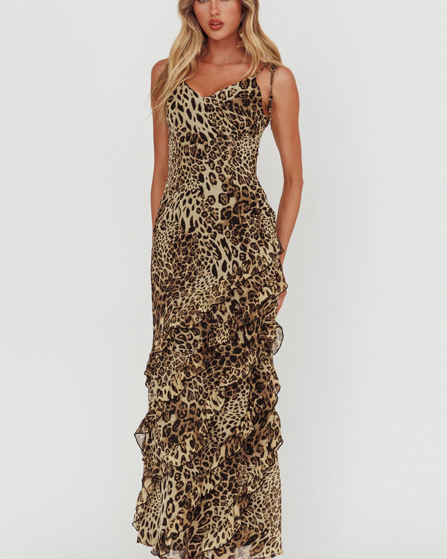 Leopard Ruffle Trim Maxi Dress