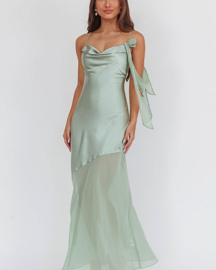 Sage Shoulder Detail Chiffon Hem Maxi Dress