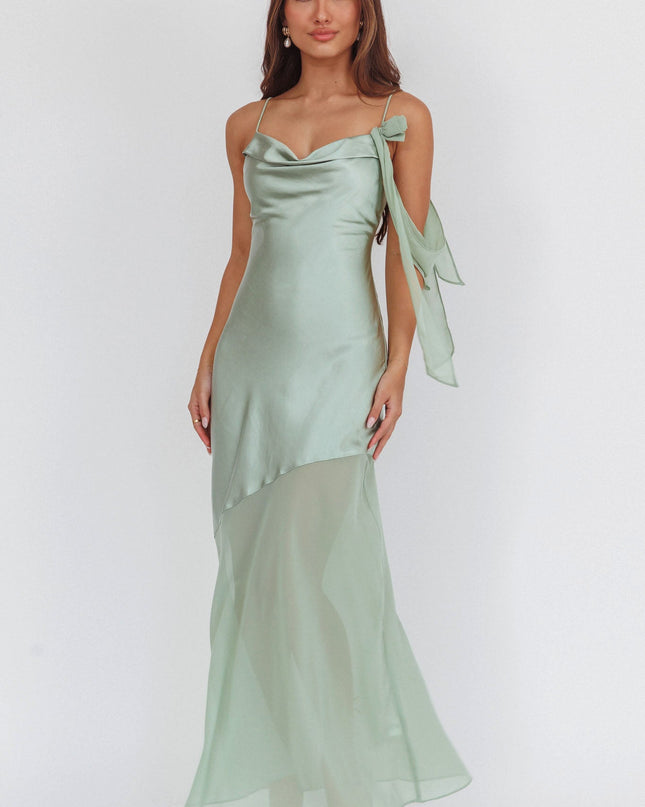 Sage Shoulder Detail Chiffon Hem Maxi Dress