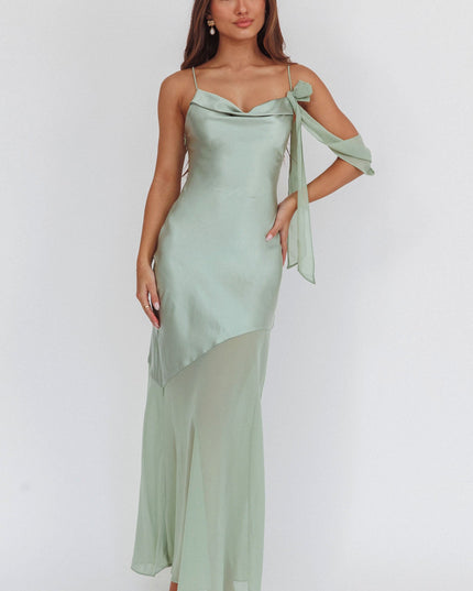 Sage Shoulder Detail Chiffon Hem Maxi Dress