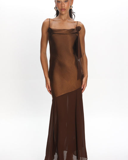 Chocolate Shoulder Detail Chiffon Hem Maxi Dress