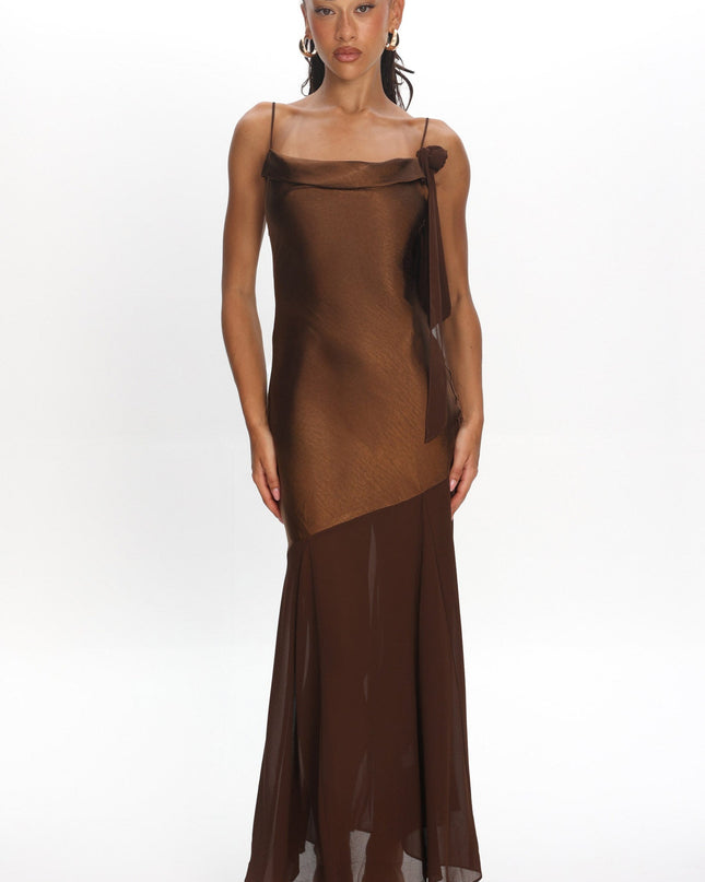 Chocolate Shoulder Detail Chiffon Hem Maxi Dress