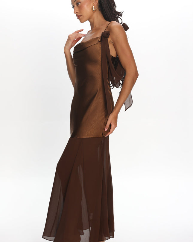 Chocolate Shoulder Detail Chiffon Hem Maxi Dress