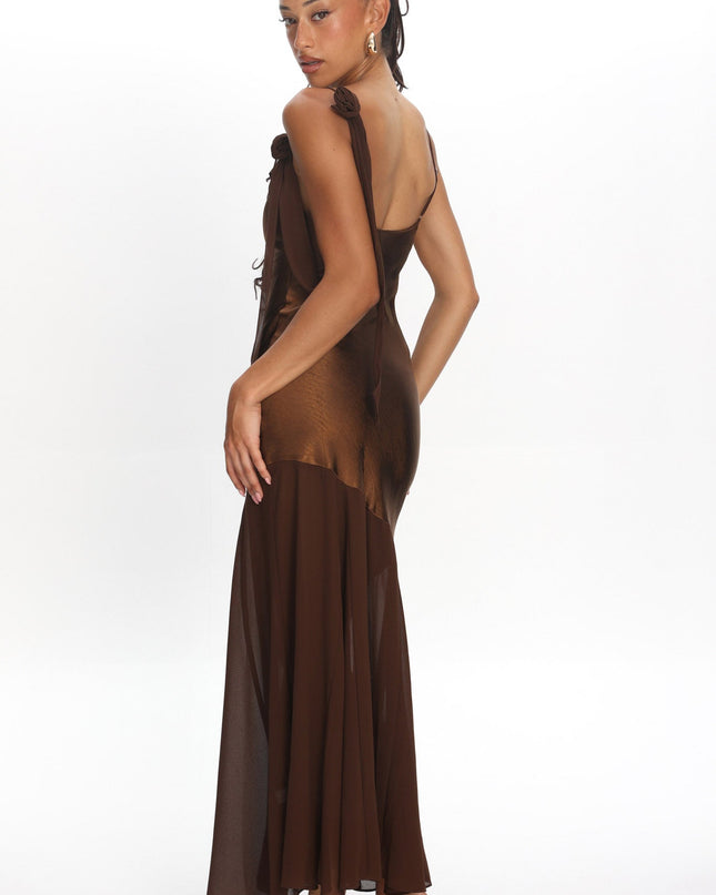 Chocolate Shoulder Detail Chiffon Hem Maxi Dress
