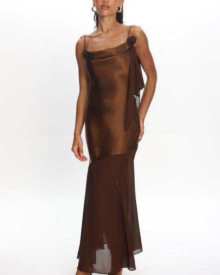 Chocolate Shoulder Detail Chiffon Hem Maxi Dress