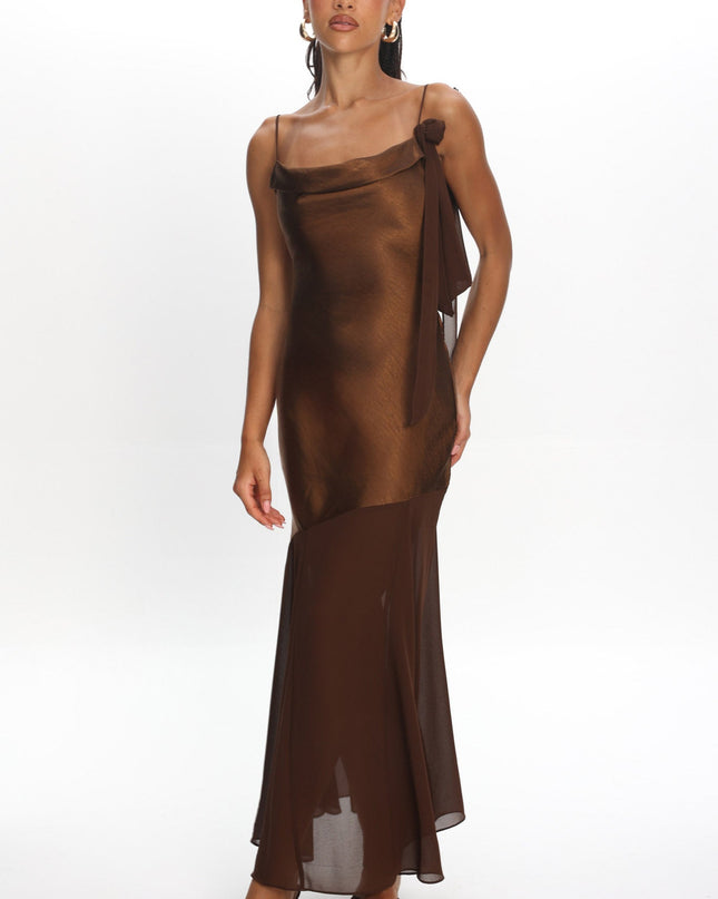 Chocolate Shoulder Detail Chiffon Hem Maxi Dress