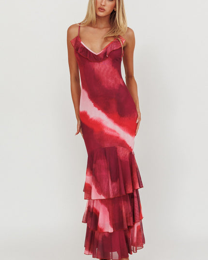 Pink Tiered Ruffle Hem Mermaid Maxi Dress