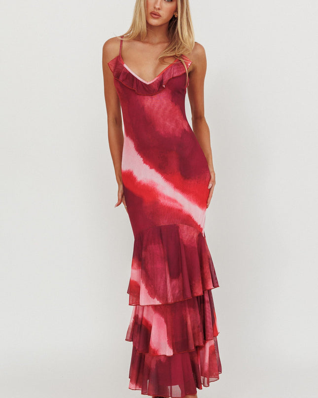 Pink Tiered Ruffle Hem Mermaid Maxi Dress