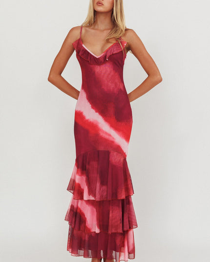 Pink Tiered Ruffle Hem Mermaid Maxi Dress