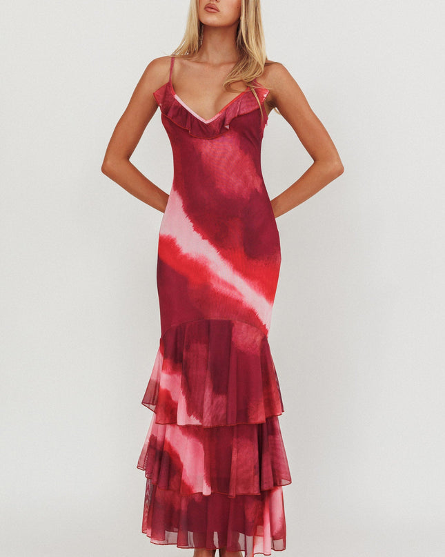 Pink Tiered Ruffle Hem Mermaid Maxi Dress