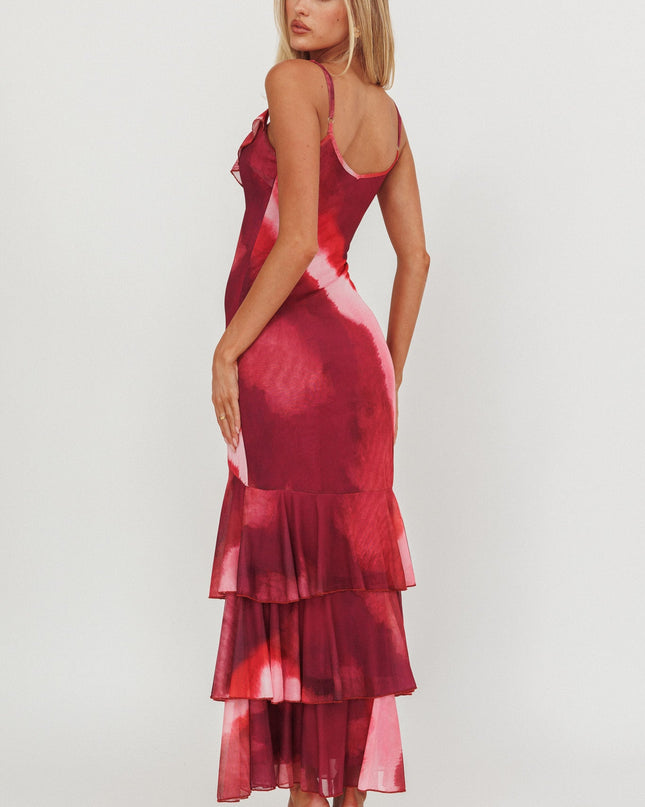 Pink Tiered Ruffle Hem Mermaid Maxi Dress