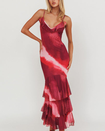 Pink Tiered Ruffle Hem Mermaid Maxi Dress