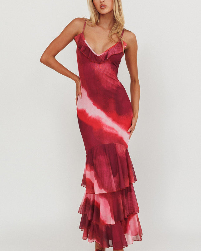 Pink Tiered Ruffle Hem Mermaid Maxi Dress