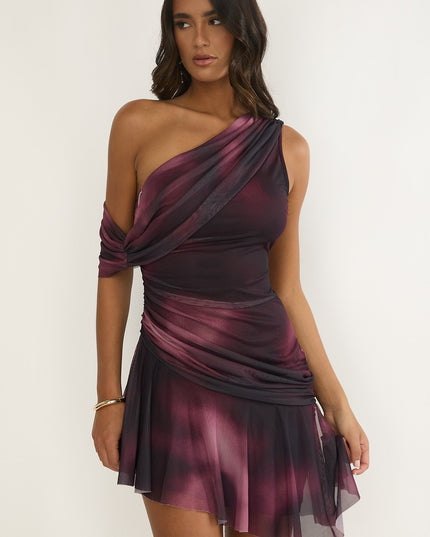 Wine One-Shoulder Draped Mini Dress Print