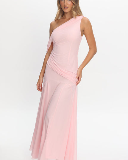Light Pink Asymmetric Neckline Draped Maxi Dress