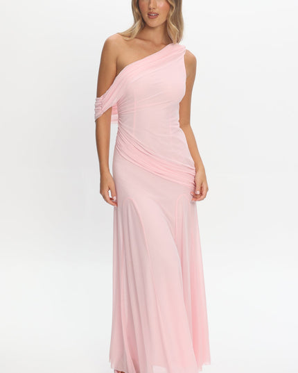 Light Pink Asymmetric Neckline Draped Maxi Dress