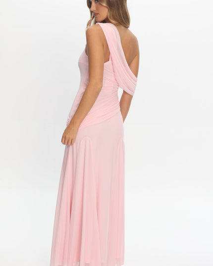Light Pink Asymmetric Neckline Draped Maxi Dress