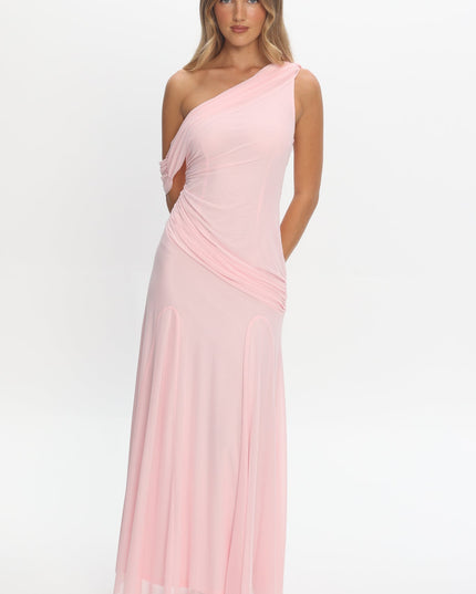 Light Pink Asymmetric Neckline Draped Maxi Dress