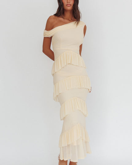 Cream Asymmetric Neckline Frill Maxi Dress