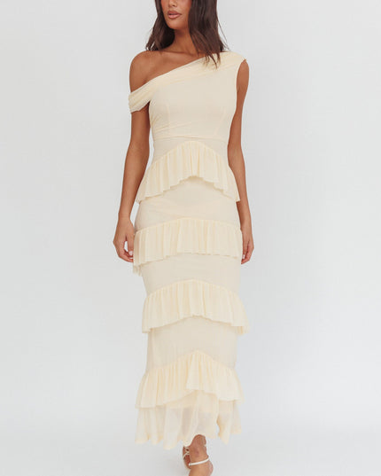 Cream Asymmetric Neckline Frill Maxi Dress