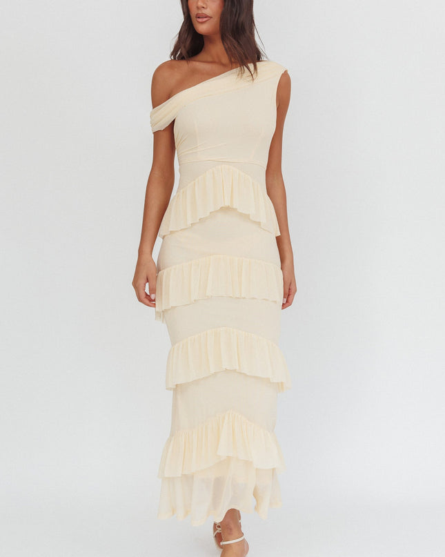 Cream Asymmetric Neckline Frill Maxi Dress