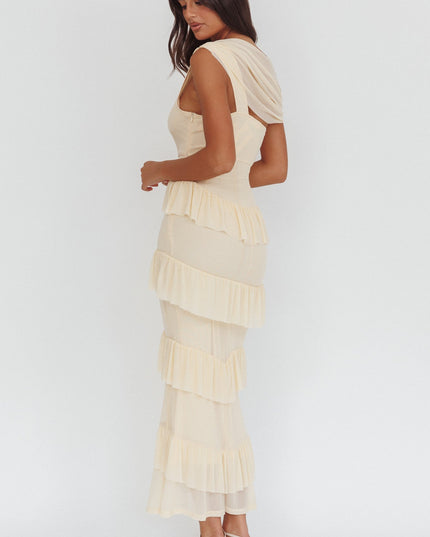 Cream Asymmetric Neckline Frill Maxi Dress