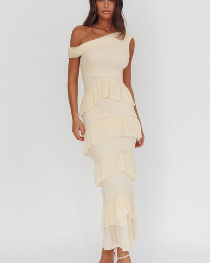 Cream Asymmetric Neckline Frill Maxi Dress