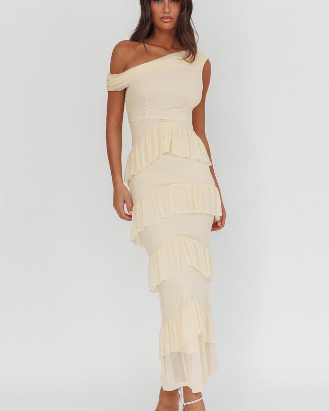 Cream Asymmetric Neckline Frill Maxi Dress