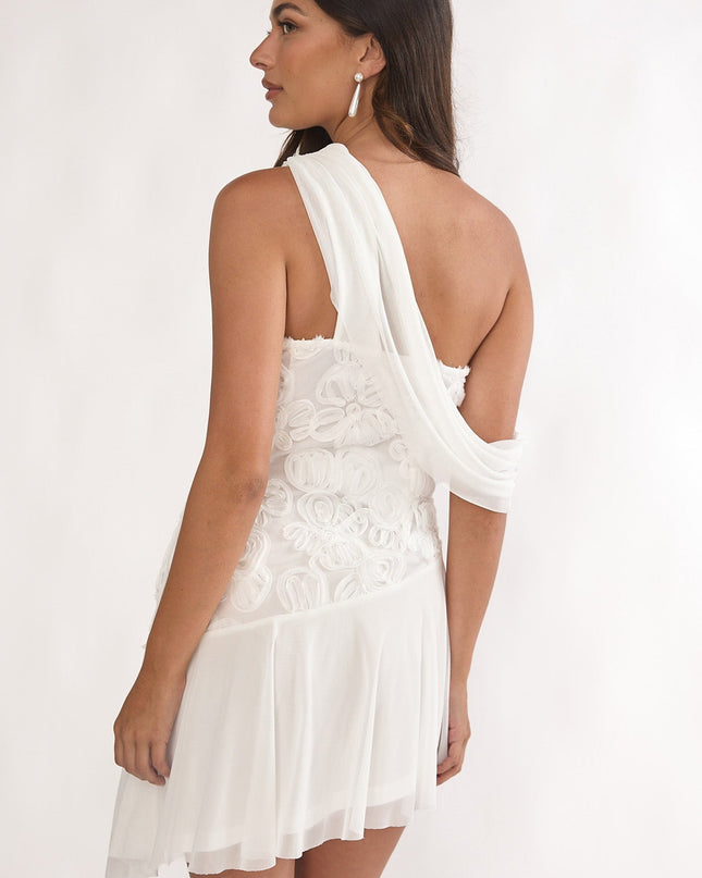 Off White One-Shoulder Draped Mini Dress Embellished