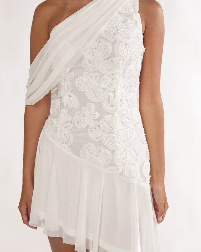 Off White One-Shoulder Draped Mini Dress Embellished