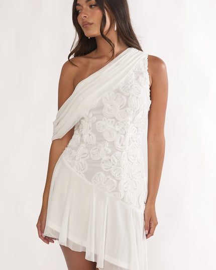Off White One-Shoulder Draped Mini Dress Embellished