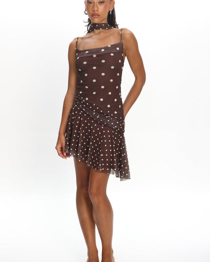 Chocolate Asymmetric Hem Mini Dress Polka Dot