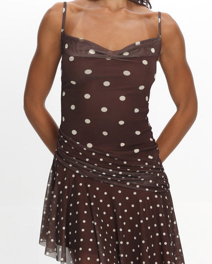 Chocolate Asymmetric Hem Mini Dress Polka Dot