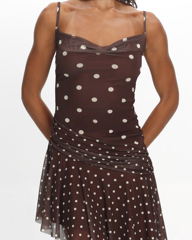 Chocolate Asymmetric Hem Mini Dress Polka Dot
