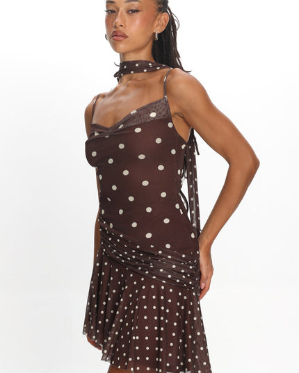 Chocolate Asymmetric Hem Mini Dress Polka Dot