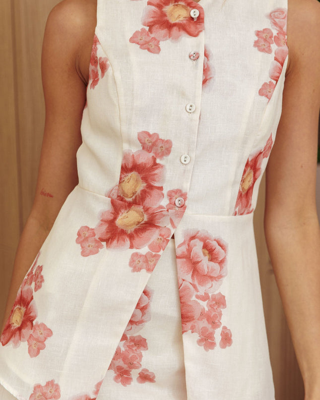 Cream/Red Button Front Top Floral