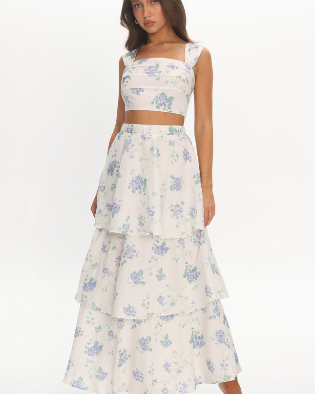 Beige Tiered Maxi Skirt Floral