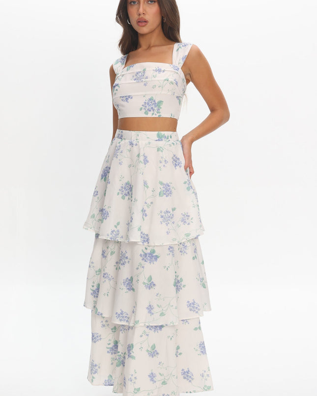 Beige Tiered Maxi Skirt Floral