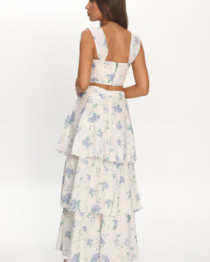 Beige Tiered Maxi Skirt Floral
