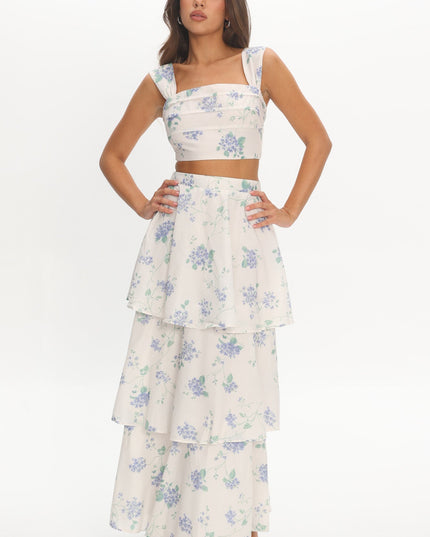 Beige Tiered Maxi Skirt Floral