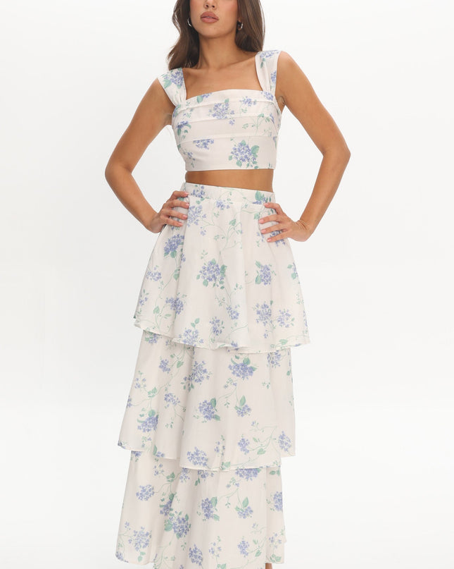 Beige Tiered Maxi Skirt Floral