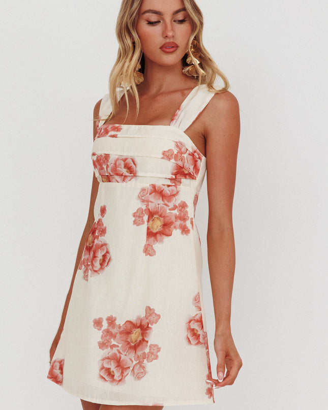 Beige Pleat Mini Dress Floral