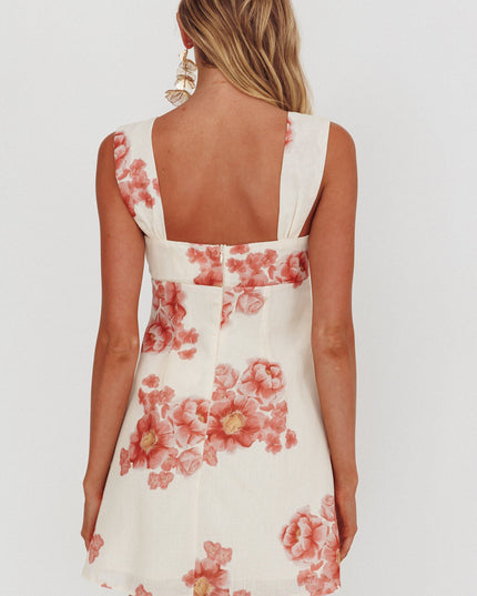 Beige Pleat Mini Dress Floral